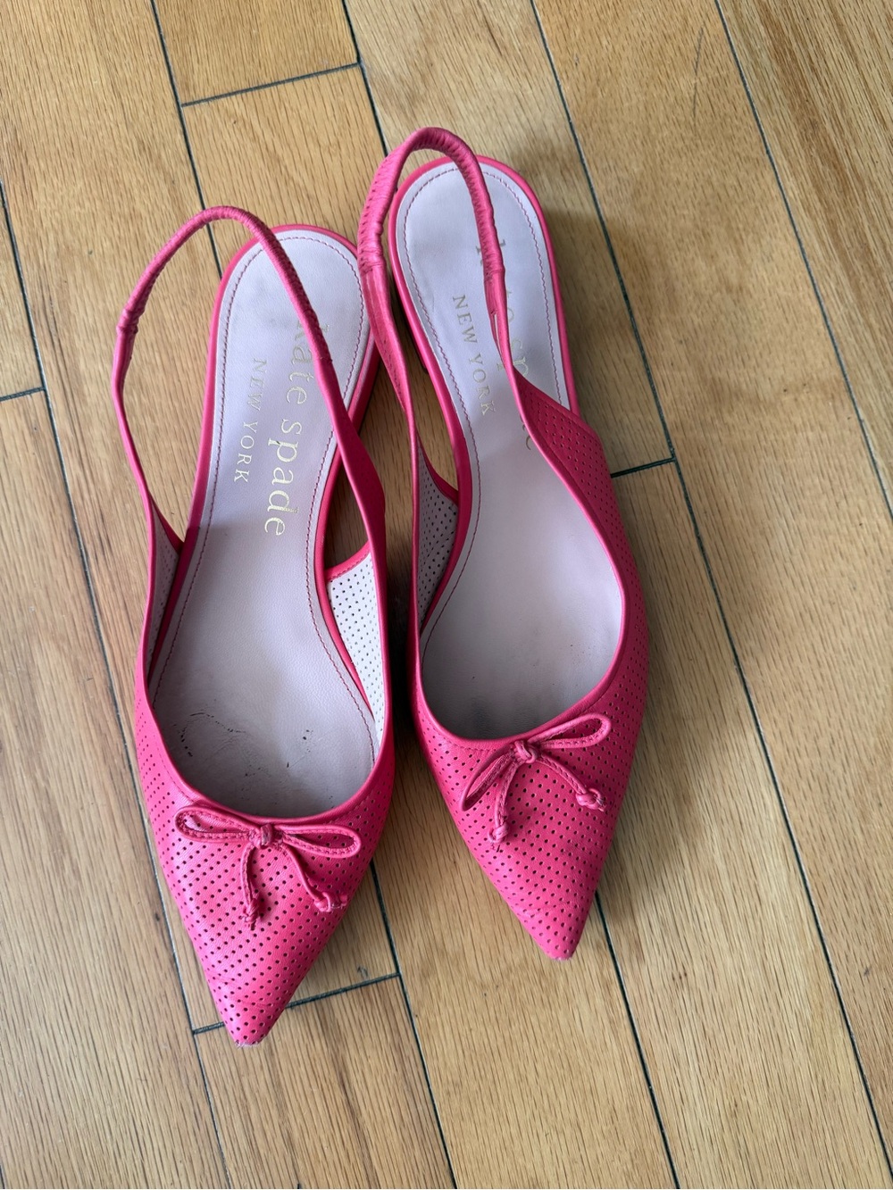 kate spade Pink Perforated Pointed Toe Slingback Flats with Bow